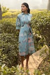 Buy_Divi By Sonal Khandelwal_Sky Blue Cotton Embroidery Collared Lotus Print Shirt Dress _at_Aza_Fashions