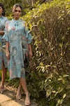 Divi by sonal khandelwal_Sky Blue Muslin (viscose) Print Lotus Tie-up Nelumbo Kaftan Dress _Online_at_Aza_Fashions