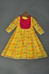 Maaikid_Yellow Kota Doria, Cotton Patti, Checkered Print Anarkali With Dupatta _Online_at_Aza_Fashions