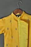 Maaikid_Yellow Cotton, Silk Embroidery Zardosi Butti Asymmetrical Sherwani Set _at_Aza_Fashions