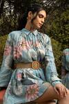 Divi by sonal khandelwal_Sky Blue Muslin (viscose) Print Lotus Spread Collar Nelumbo Shirt Dress _Online_at_Aza_Fashions