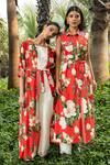 Divi By Sonal Khandelwal_Red Cotton Embroidery Collared Wild Rose Print Longline Shirt And Pant Set _Online_at_Aza_Fashions