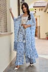 Palak & Mehak_Blue Pure Crepe And Chanderi Print Floral Rhea Kaftan Cape & Flared Pant Set _Online_at_Aza_Fashions