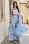 Buy_Palak & Mehak_Blue Pure Crepe And Chanderi Print Floral Rhea Kaftan Cape & Flared Pant Set _Online_at_Aza_Fashions