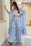 Shop_Palak & Mehak_Blue Pure Crepe And Chanderi Print Floral Rhea Kaftan Cape & Flared Pant Set _Online_at_Aza_Fashions