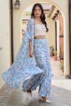 Palak & Mehak_Blue Pure Crepe And Chanderi Print Floral Rhea Kaftan Cape & Flared Pant Set _at_Aza_Fashions