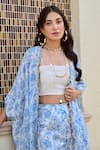 Buy_Palak & Mehak_Blue Pure Crepe And Chanderi Print Floral Rhea Kaftan Cape & Flared Pant Set 