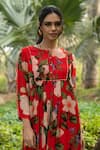 Divi By Sonal Khandelwal_Red Georgette, Viscose Round Neck Wild Rose Printed Tunic And Pant Set _Online_at_Aza_Fashions