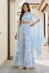 Buy_Palak & Mehak_Blue Crepe And Chinon Print Floral Round Neck Zeeba Cape & Palazzo Set _Online_at_Aza_Fashions