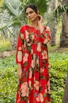 Buy_Divi By Sonal Khandelwal_Red Georgette, Viscose Round Neck Wild Rose Printed Tunic And Pant Set _Online_at_Aza_Fashions