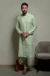 Darshika Menswear_Blue Cotton Silk Plain Asymmetric Pintuck Kurta Set _Online_at_Aza_Fashions