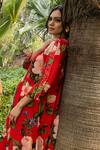 Divi By Sonal Khandelwal_Red Bamboo V-neck Wild Rose Print Kaftan _Online_at_Aza_Fashions