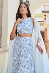 Buy_Palak & Mehak_Blue Crepe And Chinon Print Floral Round Neck Zeeba Cape & Palazzo Set 