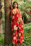 Buy_Divi By Sonal Khandelwal_Red Bamboo V-neck Wild Rose Print Kaftan _Online_at_Aza_Fashions