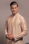 Shop_Darshika Menswear_Peach Cotton Silk Embroidery Pearl Kurta Set _Online_at_Aza_Fashions