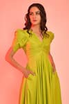 Buy_Labelamoda_Green Cotton Satin Plain V Neck Petal Sleeved Draped Gown For Women_Online_at_Aza_Fashions