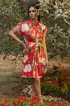 Buy_Divi by sonal khandelwal_Red Modal Satin (viscose) Printed Wild Rose Collared Neck Short Shirt Dress _at_Aza_Fashions