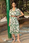 Divi By Sonal Khandelwal_Green Modal, Satin V-neck Wild Apple Print Kimono Dress _Online_at_Aza_Fashions
