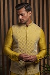 Darshika Menswear_Green Satin Linen Embroidery Pearl Checkered Pattern Bundi And Kurta Set _Online_at_Aza_Fashions