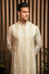 Darshika Menswear_Ivory Cotton Silk Embroidery Thread Linear Pattern Kurta Set _Online_at_Aza_Fashions