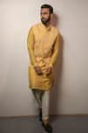 Buy_Darshika Menswear_Yellow Satin Linen Embroidery Thread Floral Pattern Bundi And Kurta Set_Online_at_Aza_Fashions