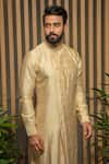 Darshika Menswear_Beige Silk Embroidery Thread Placement Kurta Set _Online_at_Aza_Fashions