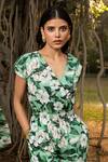 Divi By Sonal Khandelwal_Green Cotton, Poplin V-neck Wild Apple Print Jumpsuit _Online_at_Aza_Fashions