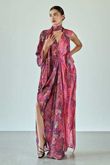 K-Anshika_Wine Satin V-neck Botanical Print One Shoulder Dress _Online_at_Aza_Fashions