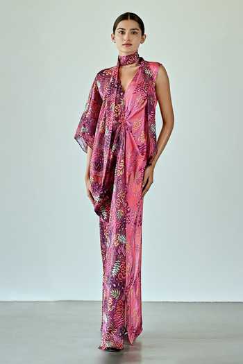 Buy_K-Anshika_Wine Satin V-neck Botanical Print One Shoulder Dress _Online_at_Aza_Fashions