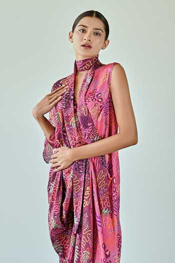 Shop_K-Anshika_Wine Satin V-neck Botanical Print One Shoulder Dress _Online_at_Aza_Fashions