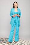 Kalakaari By Sagarika_Blue Cotton, Crepe Embroidery Collared Diamond Tile Print Blazer Pant Set _Online_at_Aza_Fashions