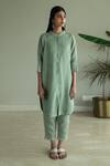Buy_Shorshe Clothing_Green Handloom Cotton, Linen Embroidery Mandarin Collar Shirt Kurta And Pant Set_at_Aza_Fashions