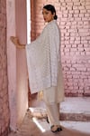 KARAJ JAIPUR_Ivory Kurta- Chanderi Embroidered Chikankari Notched Thread Set _at_Aza_Fashions