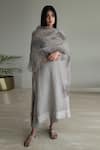 Shop_Shorshe Clothing_Grey Handloom Cotton, Cotton, Linen Split V-neck Stripe Pattern Kurta And Pant Set_Online_at_Aza_Fashions