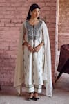 Shop_KARAJ JAIPUR_Ivory Kurta- Chanderi Embroidered Thread Work Notched Set _Online_at_Aza_Fashions