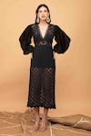 Kalakaari By Sagarika_Black Cotton Embroidery Floral Lace V Neck Bishop Sleeve Crochet Dress _Online_at_Aza_Fashions