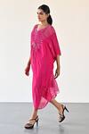 K-Anshika_Pink Georgette Beads, Sequins Round Neck Gathered Draped Midi Dress _Online_at_Aza_Fashions