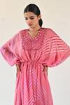 Shop_K-Anshika_Pink Georgette Beads, Sequins V-neck Wave Pattern Gathered Dress _Online_at_Aza_Fashions