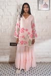 Meghstudio_Pink Kurta And Sharara Georgette Hand Painted Floral V Kyari Set  _Online_at_Aza_Fashions