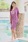 Buy_Palak & Mehak_Purple Rayon Crepe Lurex Printed Floral V Aaliyah Stripe Pattern Kaftan Dress _Online_at_Aza_Fashions