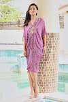 Shop_Palak & Mehak_Purple Rayon Crepe Lurex Printed Floral V Aaliyah Stripe Pattern Kaftan Dress _Online_at_Aza_Fashions