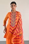 Shop_k-anshika_Coral Georgette Leheriya Beads Round Neck Kurta Set With Pattern Dupatta _Online_at_Aza_Fashions