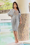 Palak & Mehak_Grey Rayon Crepe Lurex Printed Floral V Neck Aaliyah Placket Kaftan Dress _Online_at_Aza_Fashions