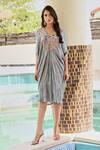 Buy_Palak & Mehak_Grey Rayon Crepe Lurex Printed Floral V Neck Aaliyah Placket Kaftan Dress _Online_at_Aza_Fashions