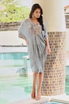 Shop_Palak & Mehak_Grey Rayon Crepe Lurex Printed Floral V Neck Aaliyah Placket Kaftan Dress _Online_at_Aza_Fashions