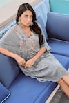 Palak & Mehak_Grey Rayon Crepe Lurex Printed Floral V Neck Aaliyah Placket Kaftan Dress _at_Aza_Fashions