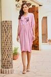 Buy_Palak & Mehak_Pink Rayon Crepe Lurex Printed Floral V Neck Aaliyah Stripe Kaftan Dress _Online_at_Aza_Fashions