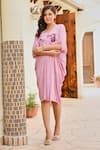 Shop_Palak & Mehak_Pink Rayon Crepe Lurex Printed Floral V Neck Aaliyah Stripe Kaftan Dress _Online_at_Aza_Fashions