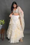 Priti Sahni_Ivory Silk, Tulle Sequins, Embellished Mirrorwork Blouse With Tiered Lehenga Set _Online_at_Aza_Fashions