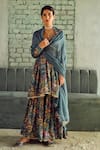 Shop_KARAJ JAIPUR_Grey Kurta And Sharara- Muslin Printed Botanical Patterns V Neck Flared Set _Online_at_Aza_Fashions